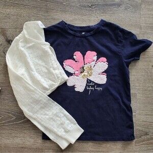 H&M | 6X/7 KID'S | SPRING FLOWER SEQUINS SWEATER & T-SHIRT in WHITE/BLUE